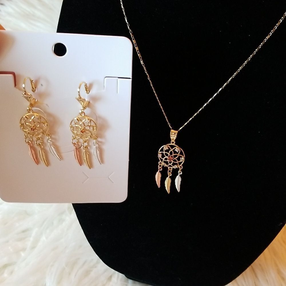 Dream catcher necklace and earrings set gold plated